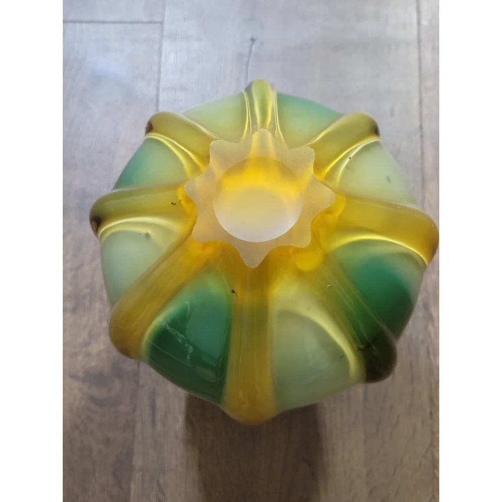 Vintage Art Glass Vase Swirl Green Yellow Iridescent Fluted Top Bud murano style